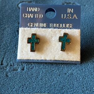 Turquoise Cross Stud Earrings - Genuine Turquoise